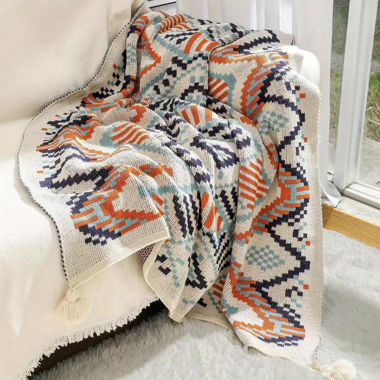 1pc Southwestern Style Knitted Blanket, Soft Warm Throw Blanket Nap Blanket For Couch Sofa Office Bed Office Camping Travelling,