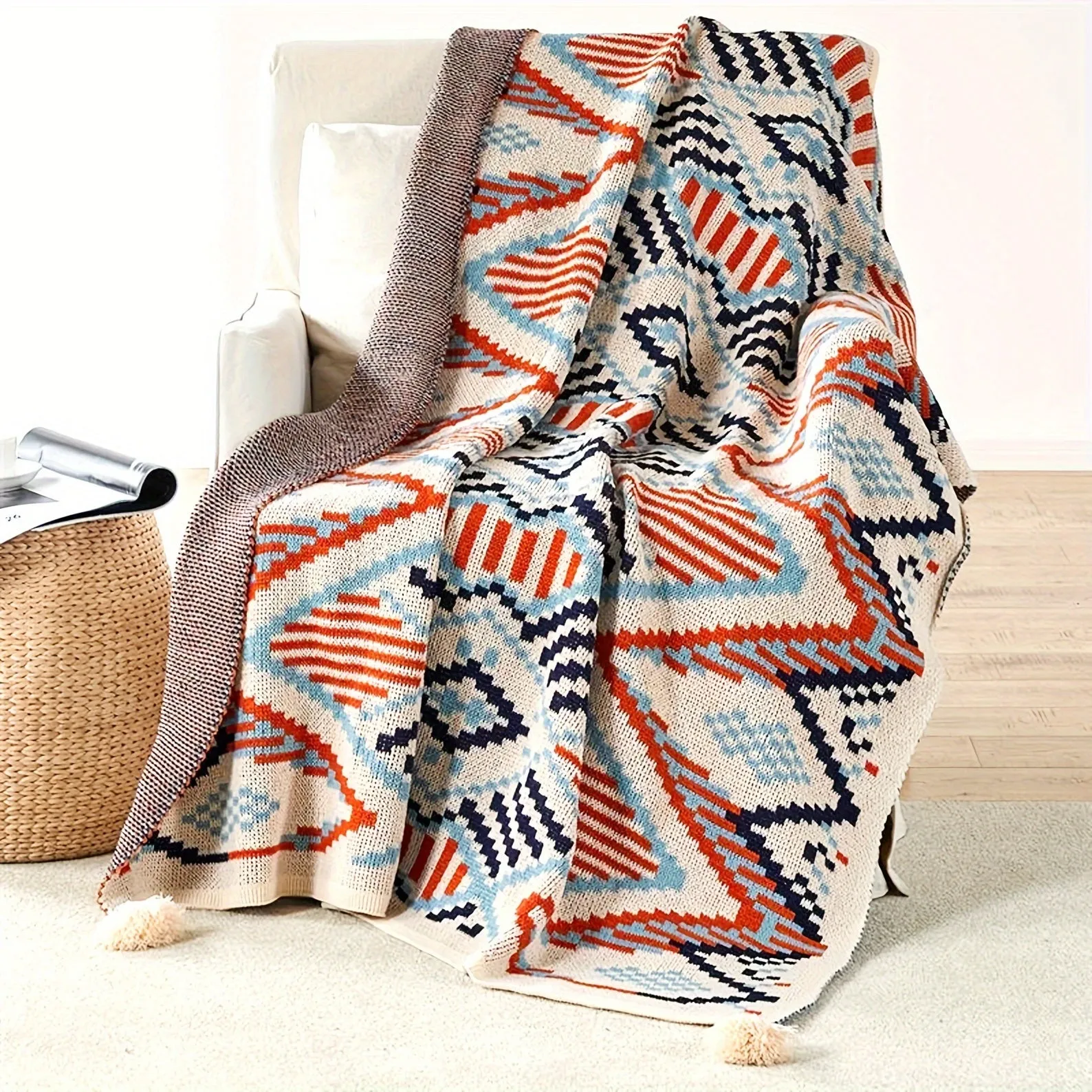 1pc Southwestern Style Knitted Blanket, Soft Warm Throw Blanket Nap Blanket For Couch Sofa Office Bed Office Camping Travelling,