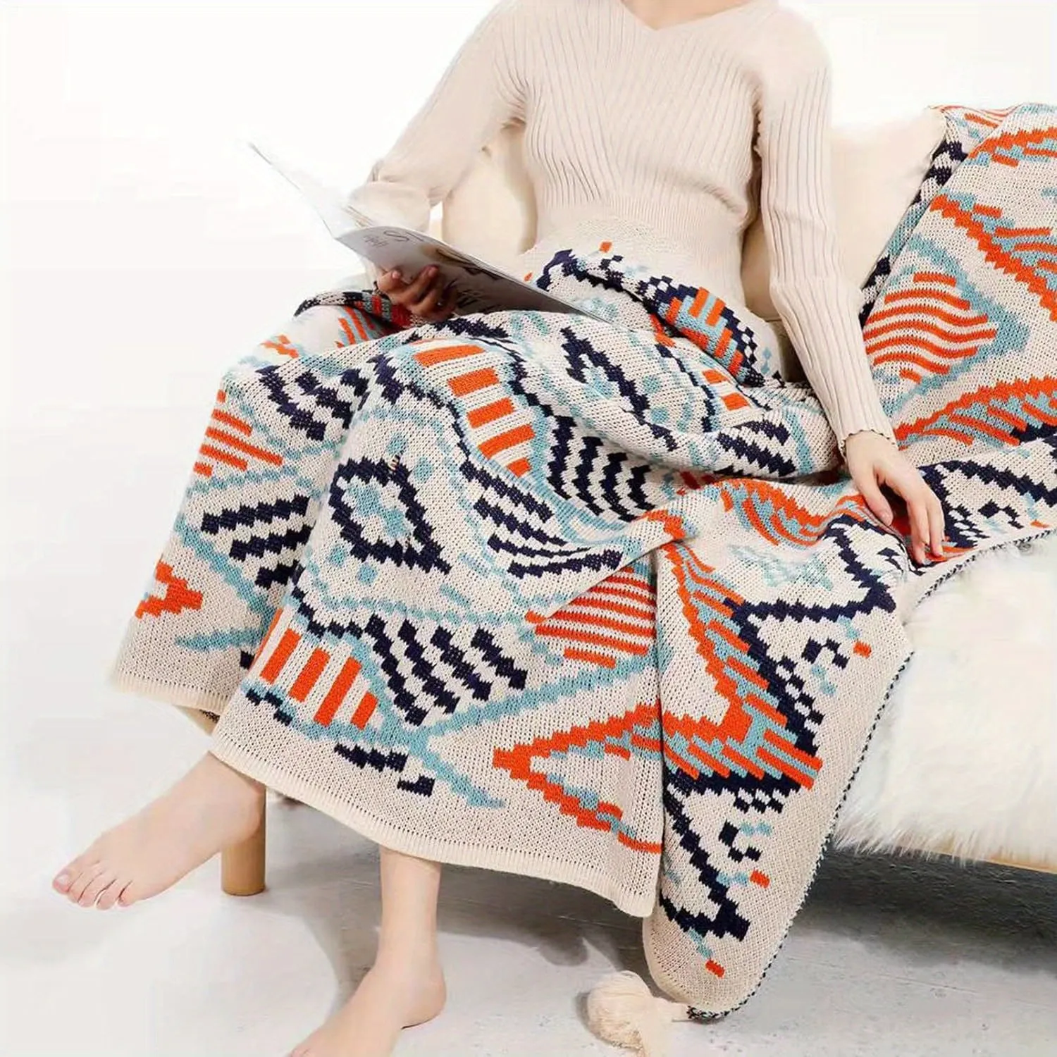 1pc Southwestern Style Knitted Blanket, Soft Warm Throw Blanket Nap Blanket For Couch Sofa Office Bed Office Camping Travelling,