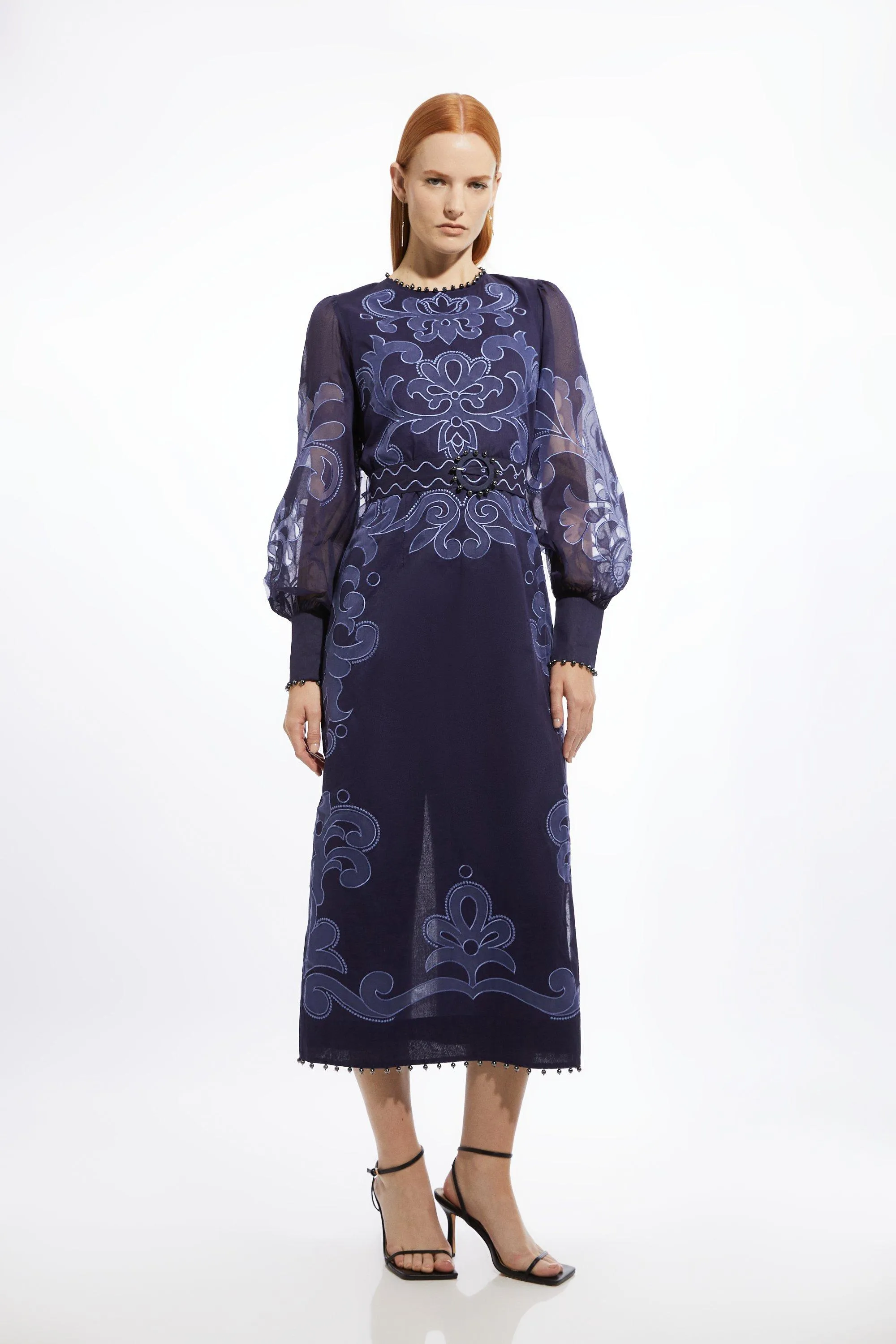 Baroque Applique Organdie Long Sleeve Woven Maxi Dress | Karen Millen