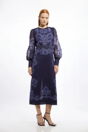 Baroque Applique Organdie Long Sleeve Woven Maxi Dress | Karen Millen