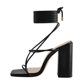 Black Ankle Strap Square Toe Chunky Heels Sandals