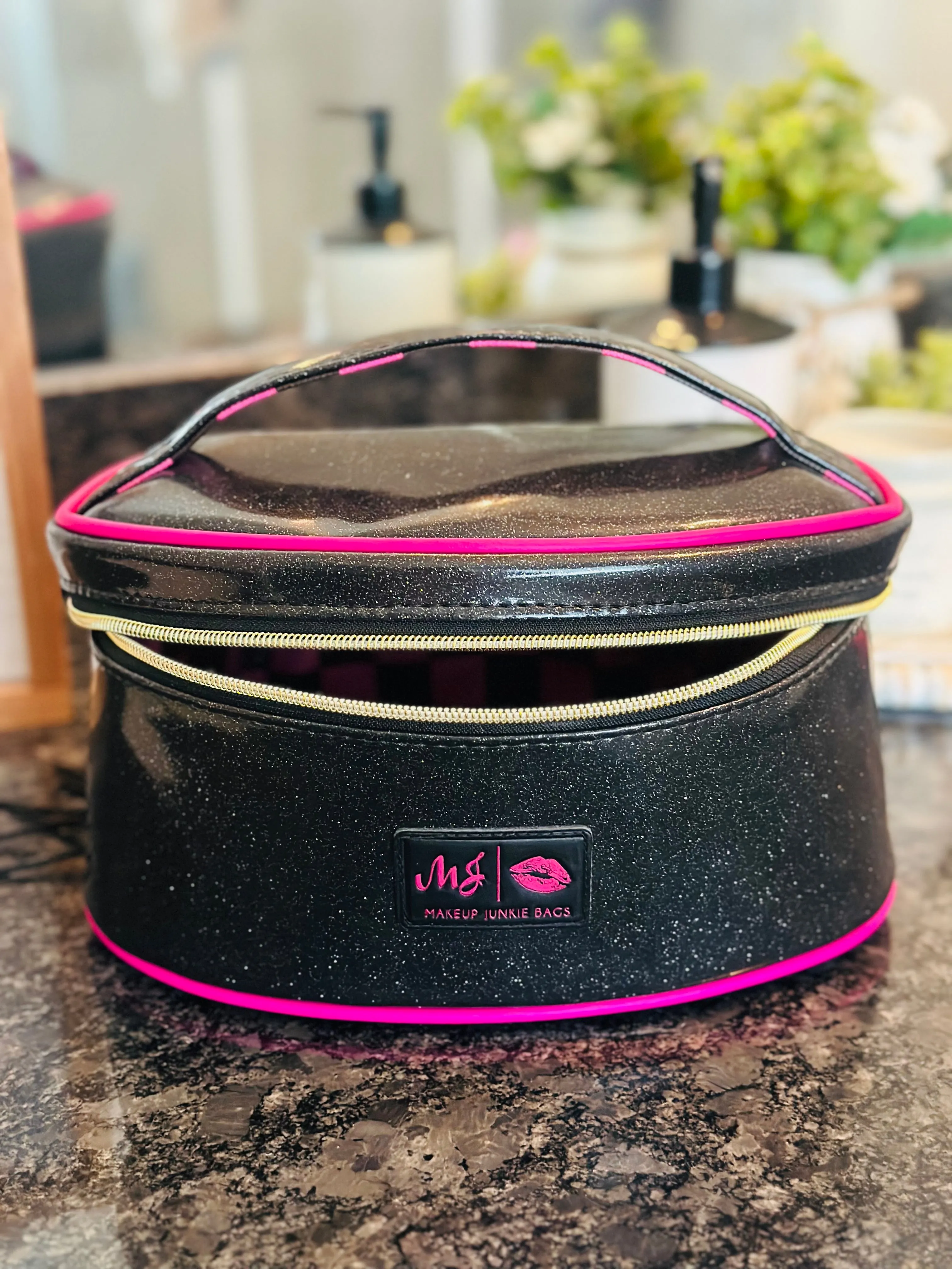 Black Glitter & Pink Makeup Junkie Bag