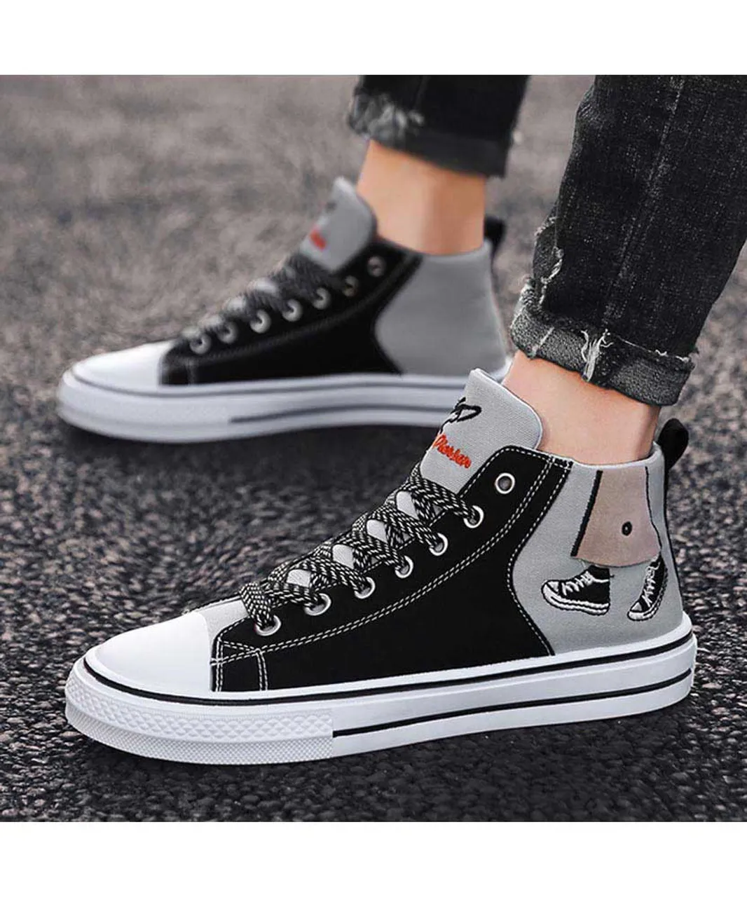 Black grey canvas walking pattern shoe sneaker boot