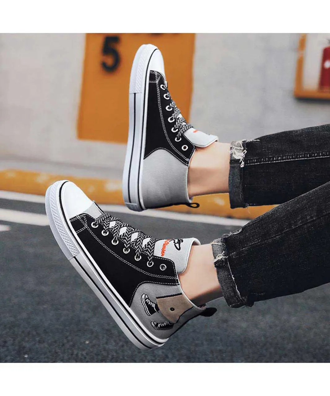 Black grey canvas walking pattern shoe sneaker boot