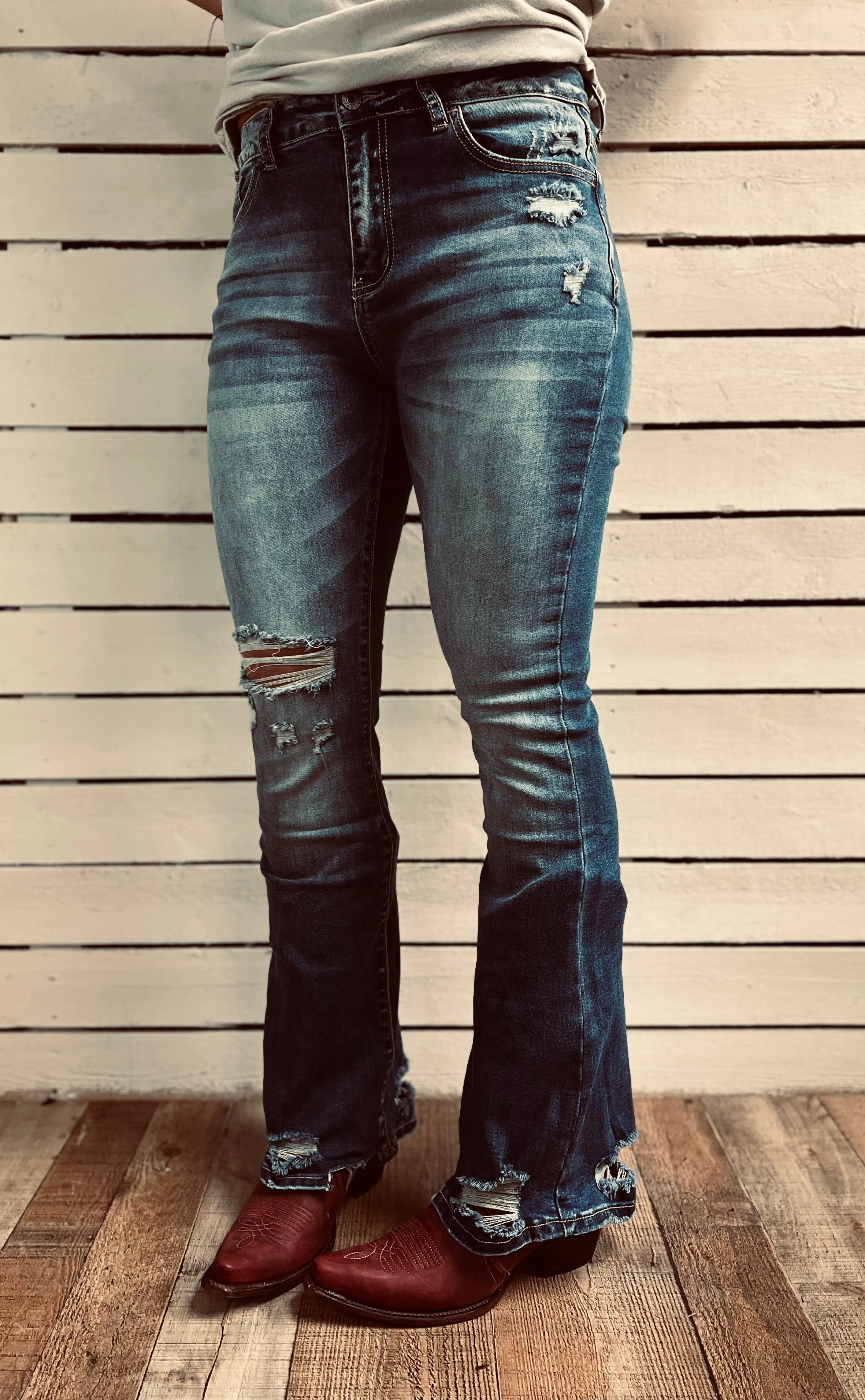 Blue Distressed Flare Jeans