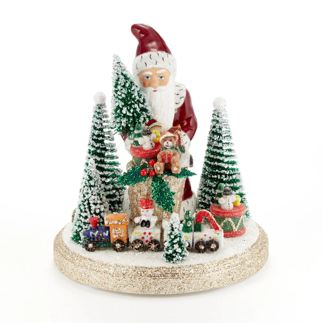 Burgundy Santa with Train & Trees