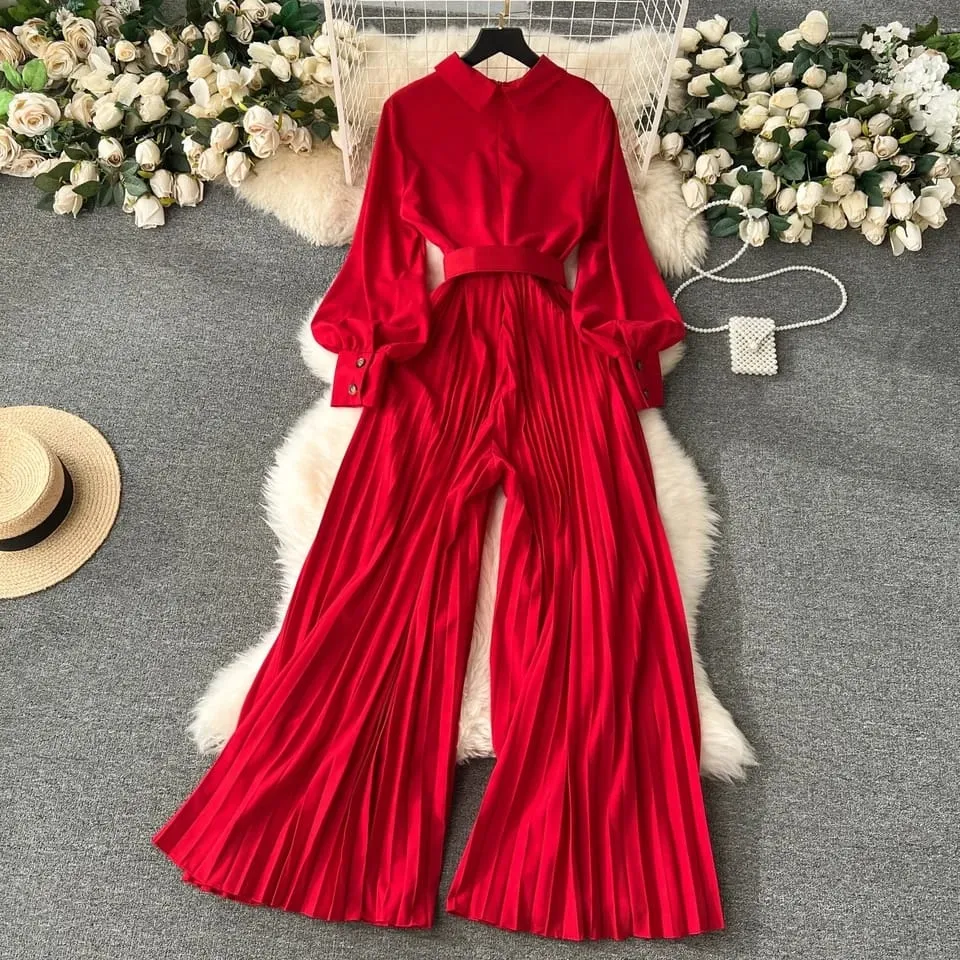 Chic Vintage Lapel Long Sleeve Pleated Loose Sports Suit 3XL B-79223