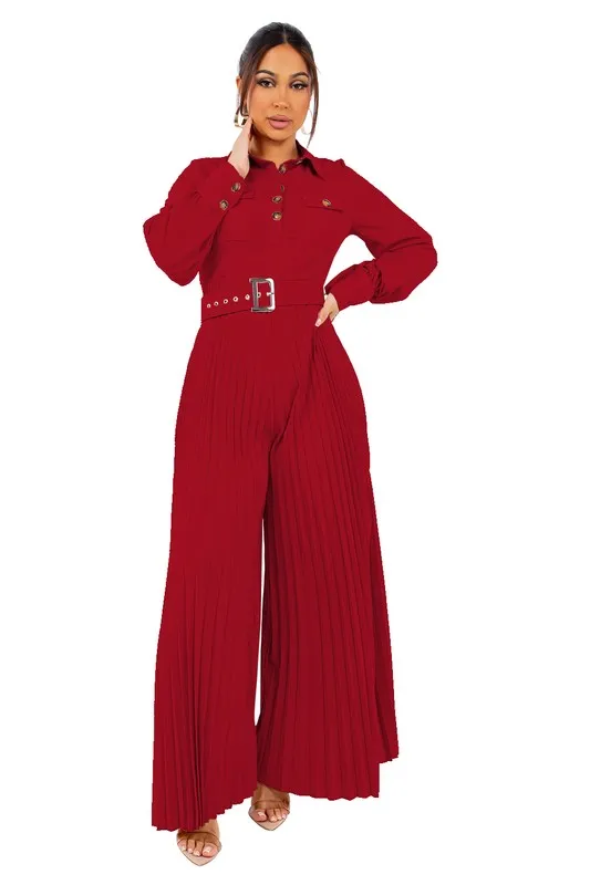 Chic Vintage Lapel Long Sleeve Pleated Loose Sports Suit 3XL B-79223