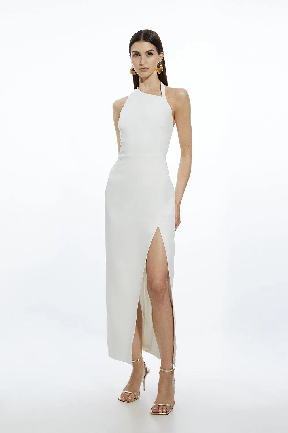 Compact Stretch Viscose Asymmetric Strap Tailored Midi Dress | Karen Millen