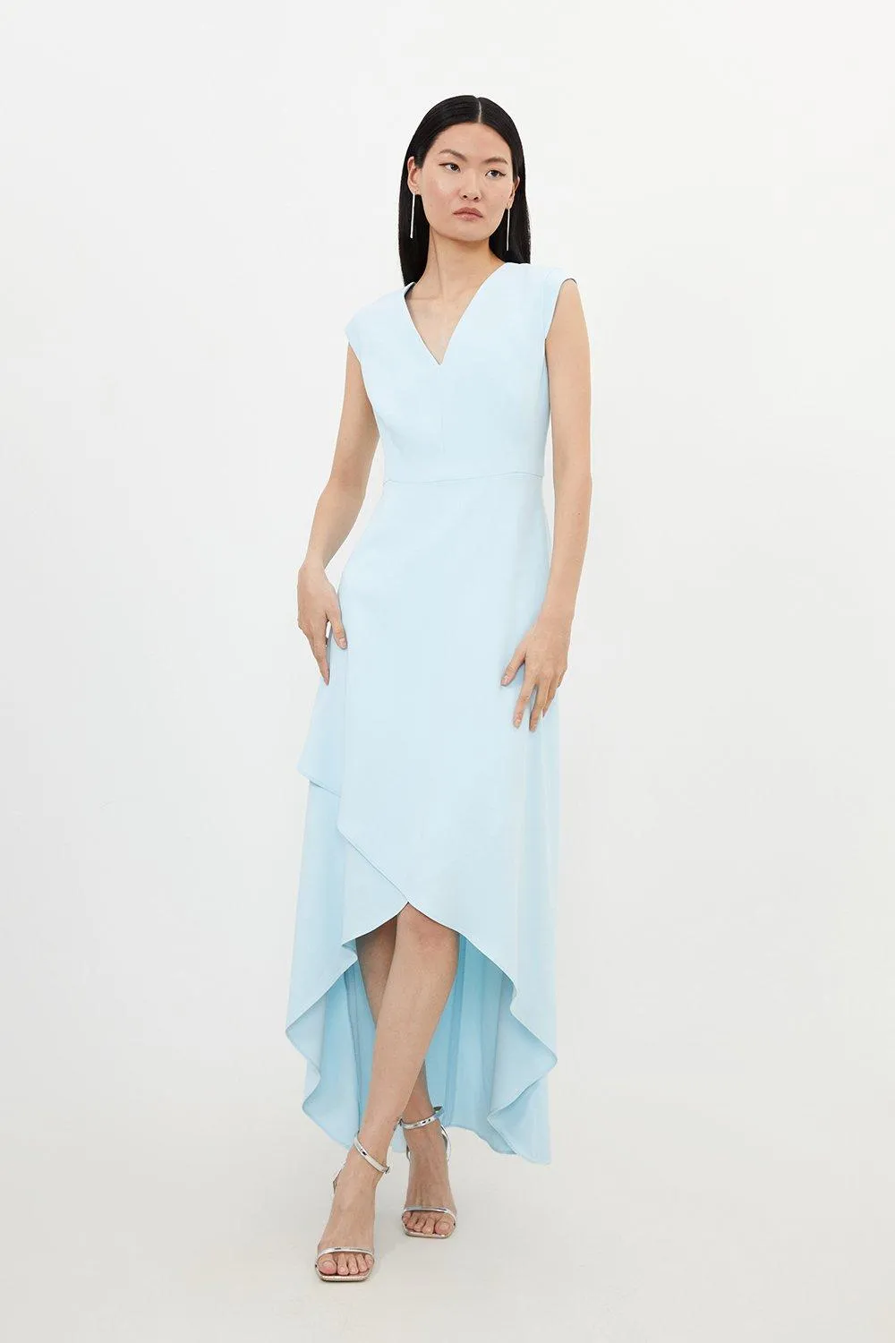 Compact Stretch Viscose Drape Cap Sleeve Tailored Maxi Dress | Karen Millen