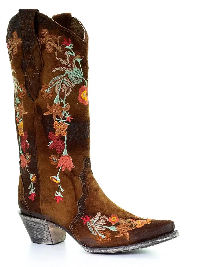 Corral A3597 Ladies Western Lamb Floral Embroidery Snip Toe Boot Chocolate