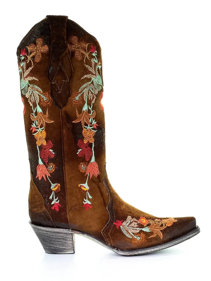 Corral A3597 Ladies Western Lamb Floral Embroidery Snip Toe Boot Chocolate