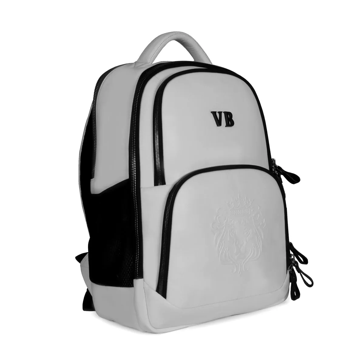 Customized Initial Embossed Lion White Leather Multi-Pocket Backpack By Brune & Bareskin