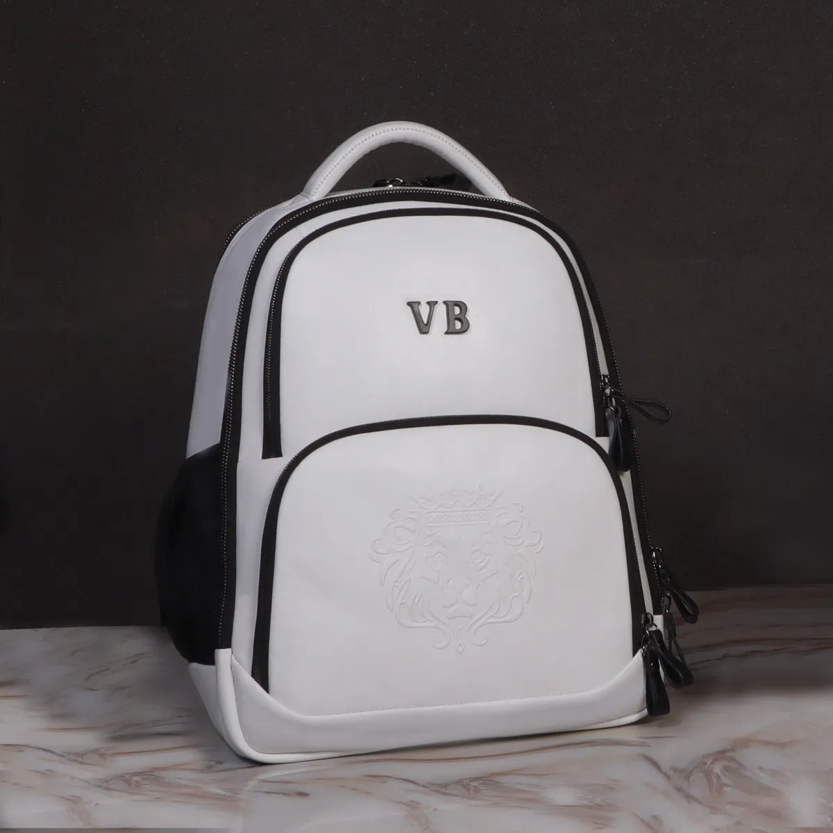 Customized Initial Embossed Lion White Leather Multi-Pocket Backpack By Brune & Bareskin