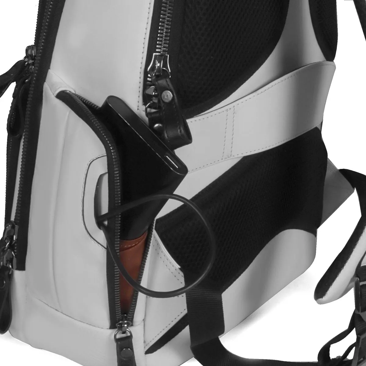 Customized Initial Embossed Lion White Leather Multi-Pocket Backpack By Brune & Bareskin