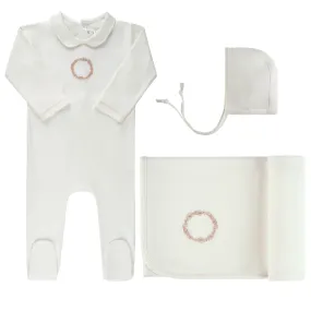 Ely's and Co Jersey Cotton Gold/Ivory Embroidered Wreath Layette Set Gift Box