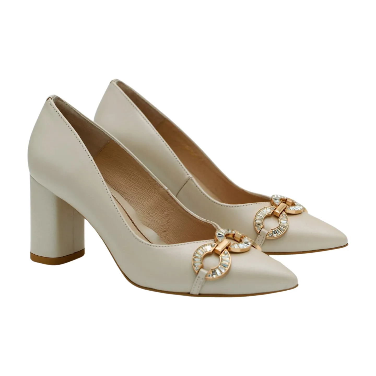 FABUCCI Cream Block Heel Court Shoe