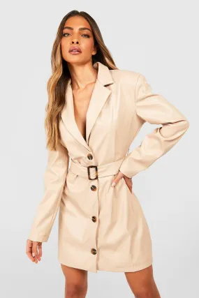 Faux Leather Belted Tailored Blazer Dress