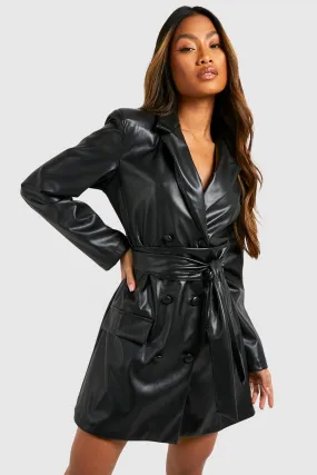 Faux Leather Obi Tie Waist Blazer Dress