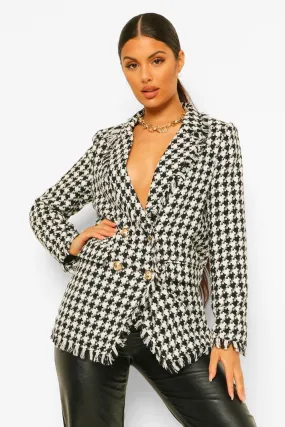 Hounds Tooth Check Frayed Hem Blazer