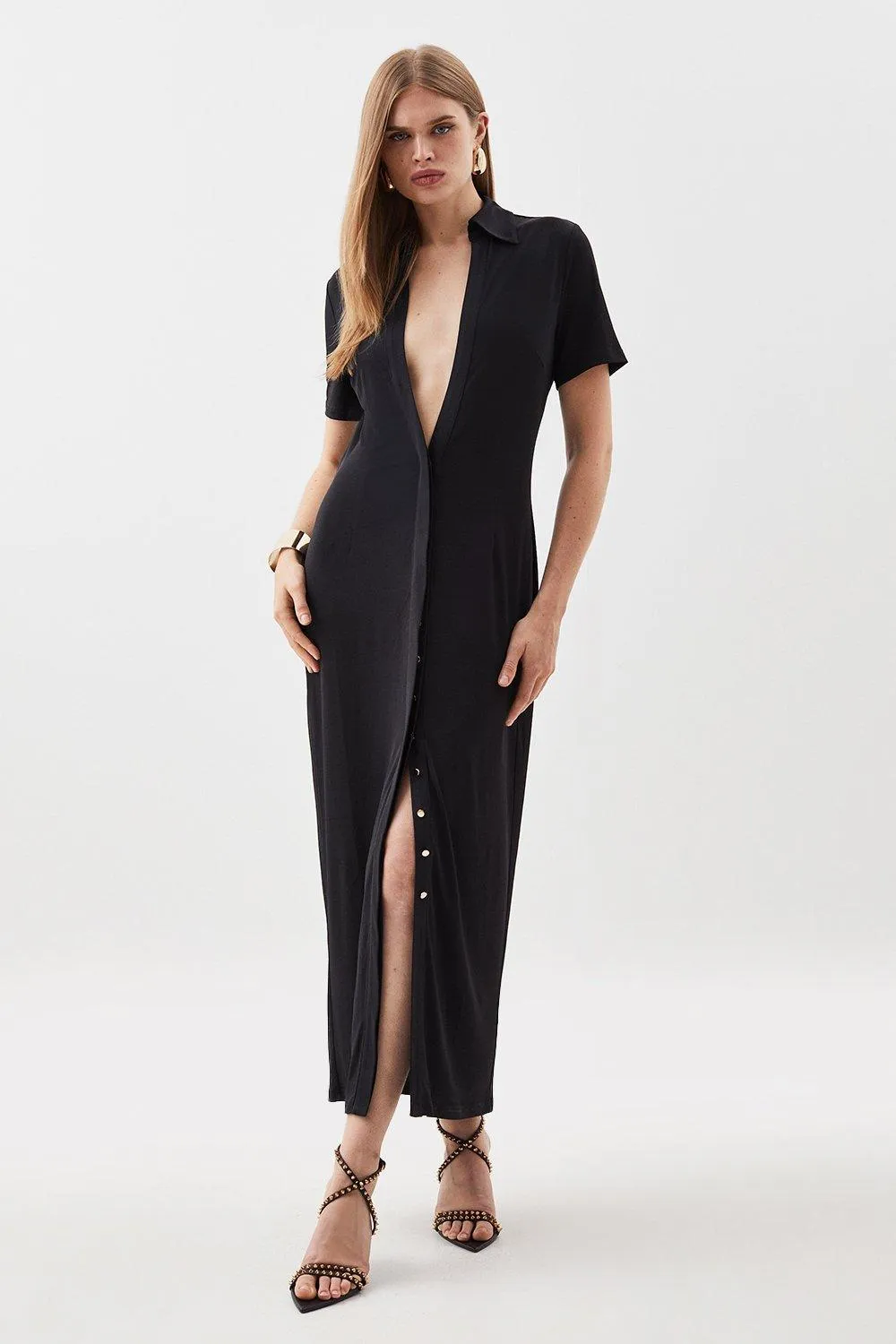 Jersey Crepe Plunge Woven Midi Dress | Karen Millen