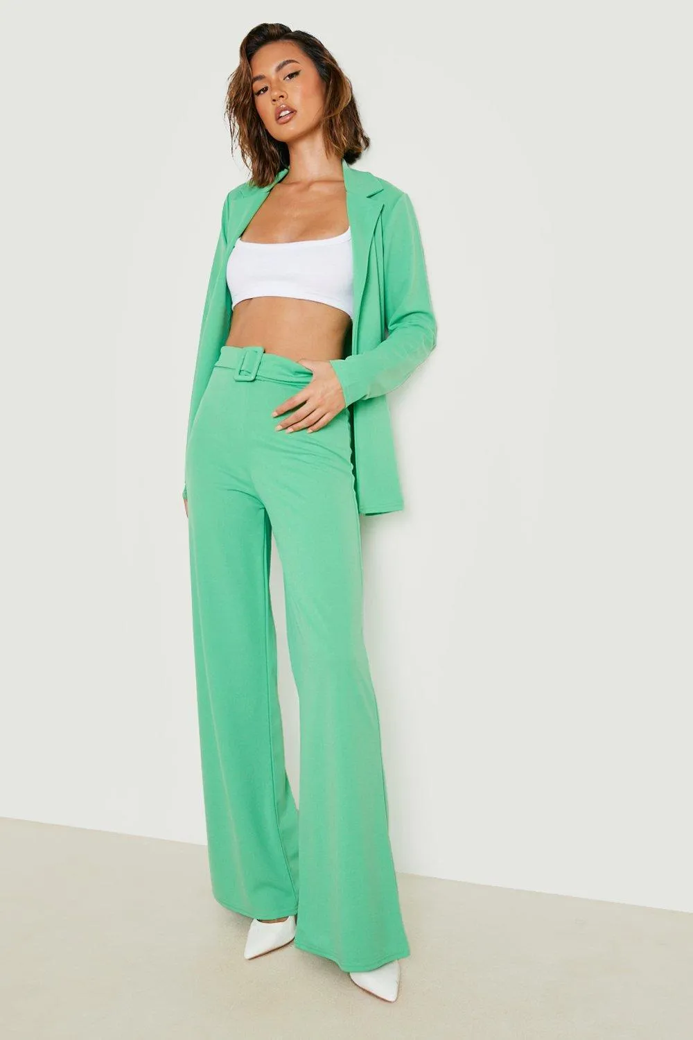 Jersey Knit Blazer & Belted Wide Leg Pants Set