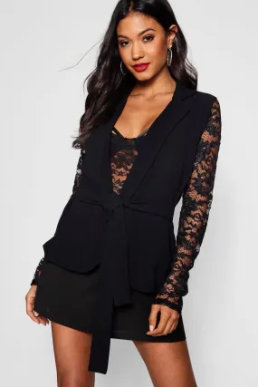 Lace Sleeve Belted Blazer