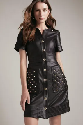 Leather Quilted And Stud Detail A Line Mini Dress | Karen Millen