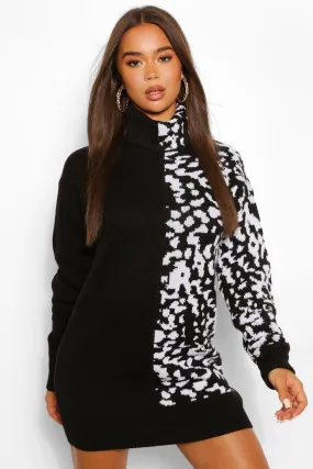 Leopard Jacquard Turtleneck Sweater Dress