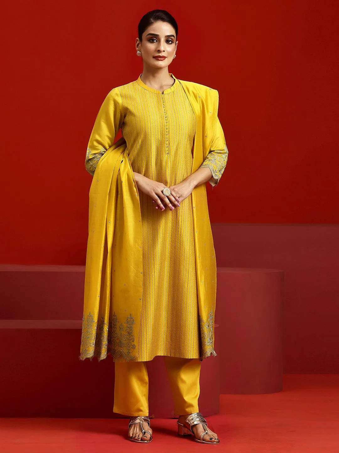 Libas Art Yellow Embroidered Chanderi Silk Straight Suit With Dupatta