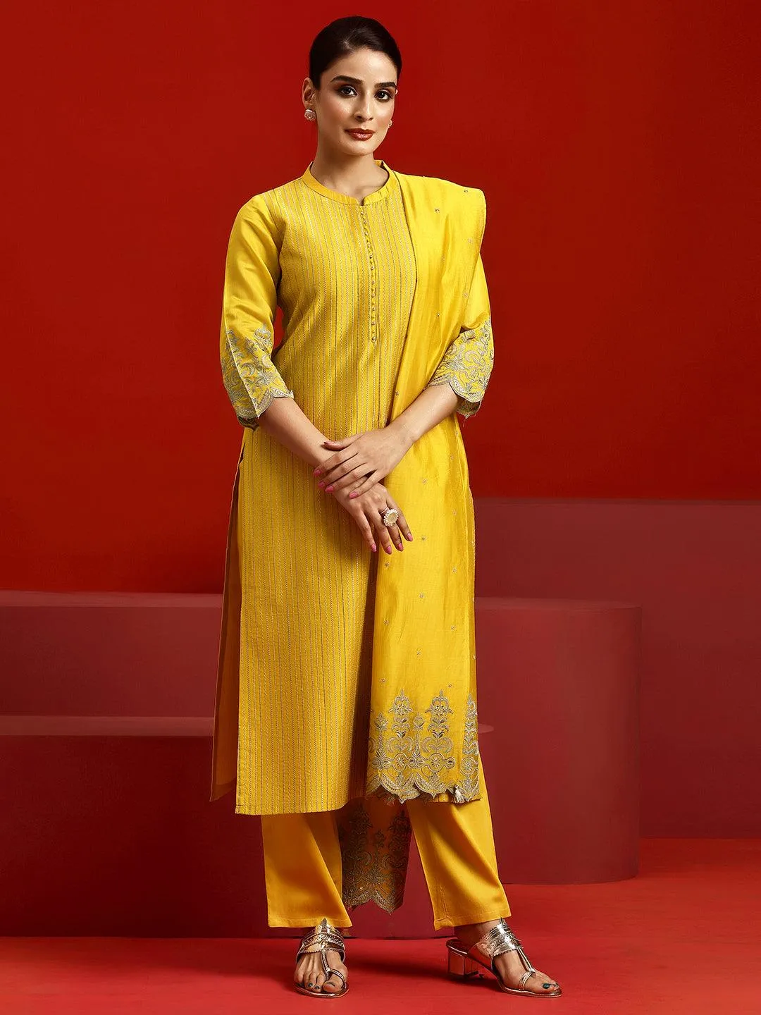 Libas Art Yellow Embroidered Chanderi Silk Straight Suit With Dupatta