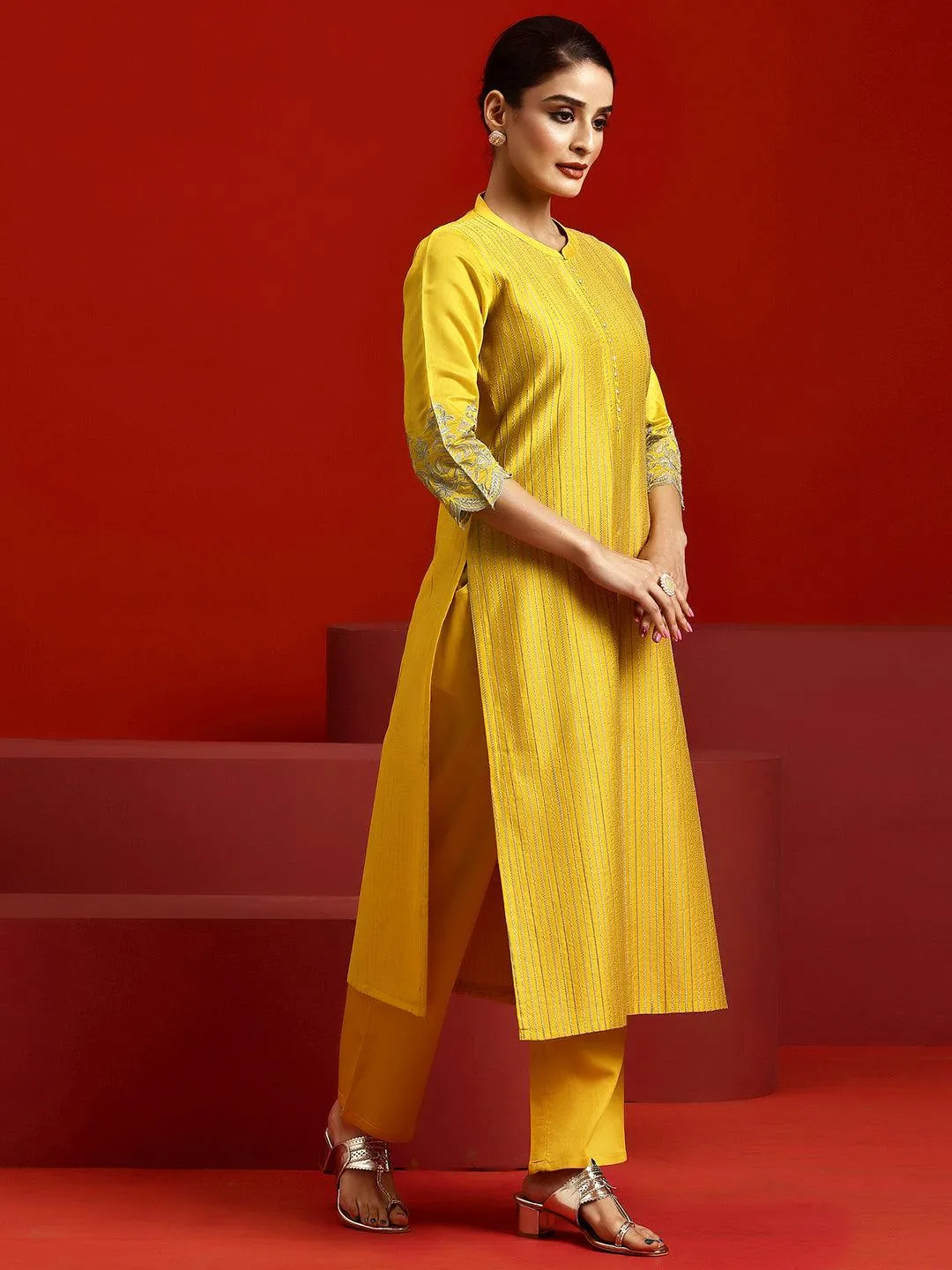 Libas Art Yellow Embroidered Chanderi Silk Straight Suit With Dupatta