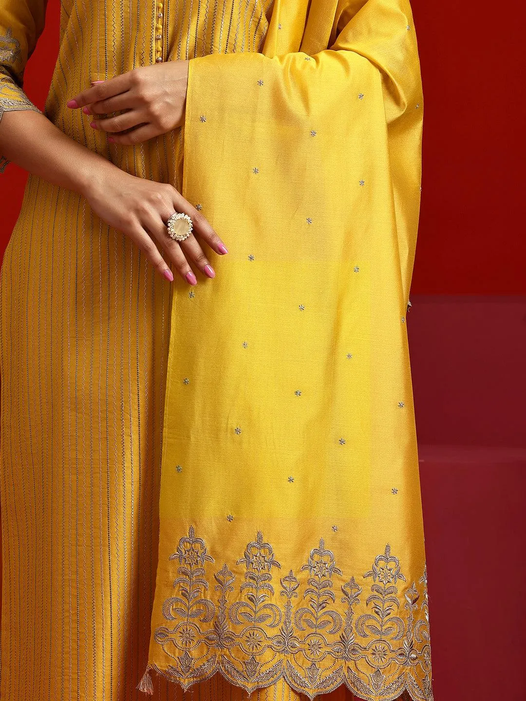 Libas Art Yellow Embroidered Chanderi Silk Straight Suit With Dupatta