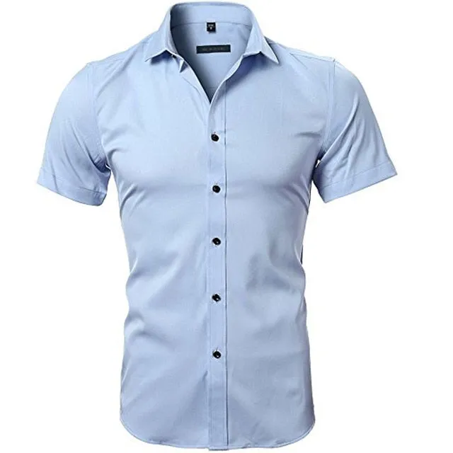 Men's Sky Blue Slim Fit Turn-down Collar Bamboo Fiber Short Sleeve Shirt