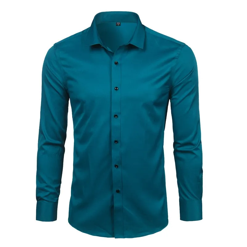 Men's Solid Slim Fit Non-Iron Bamboo Fiber Casual Long Sleeve Shirt