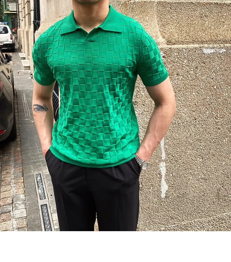 Men's Summer Casual Plaid Knitted Lapel Slim Short Sleeve Tops