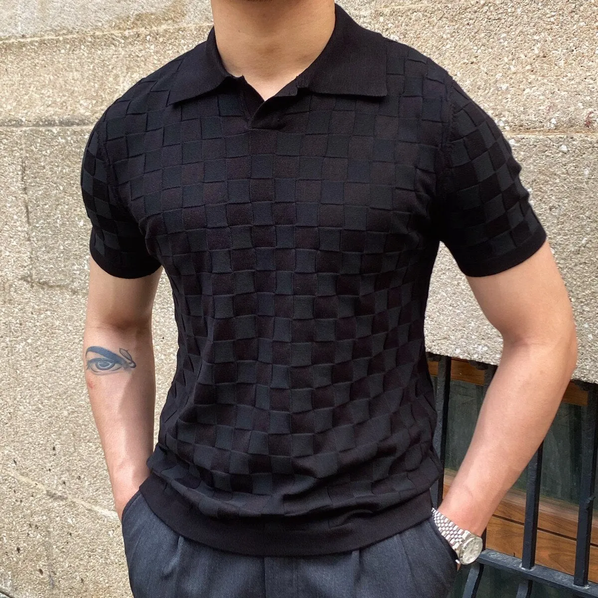 Men's Summer Casual Plaid Knitted Lapel Slim Short Sleeve Tops