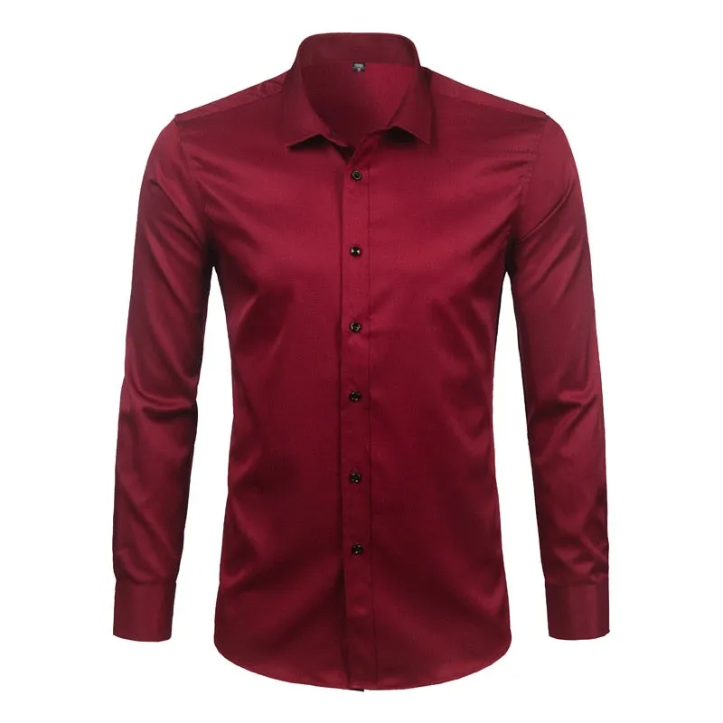 Men's Wine Red Non-Iron Bamboo Fiber Slim Fit Long Sleeve Shirt