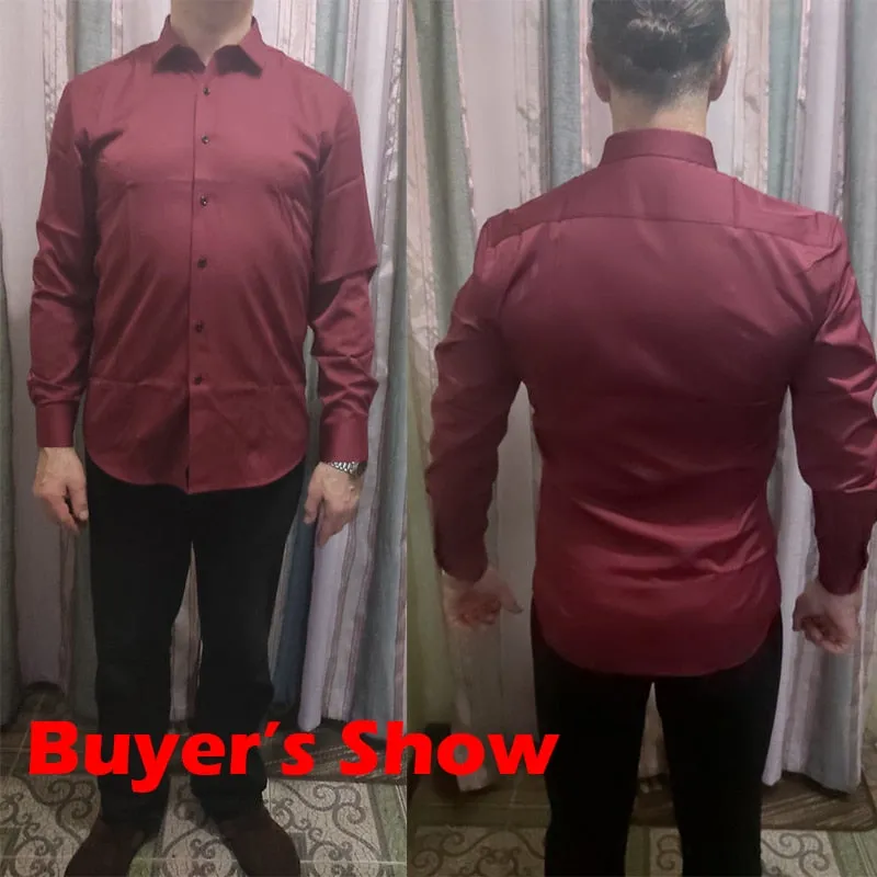 Men's Wine Red Non-Iron Bamboo Fiber Slim Fit Long Sleeve Shirt