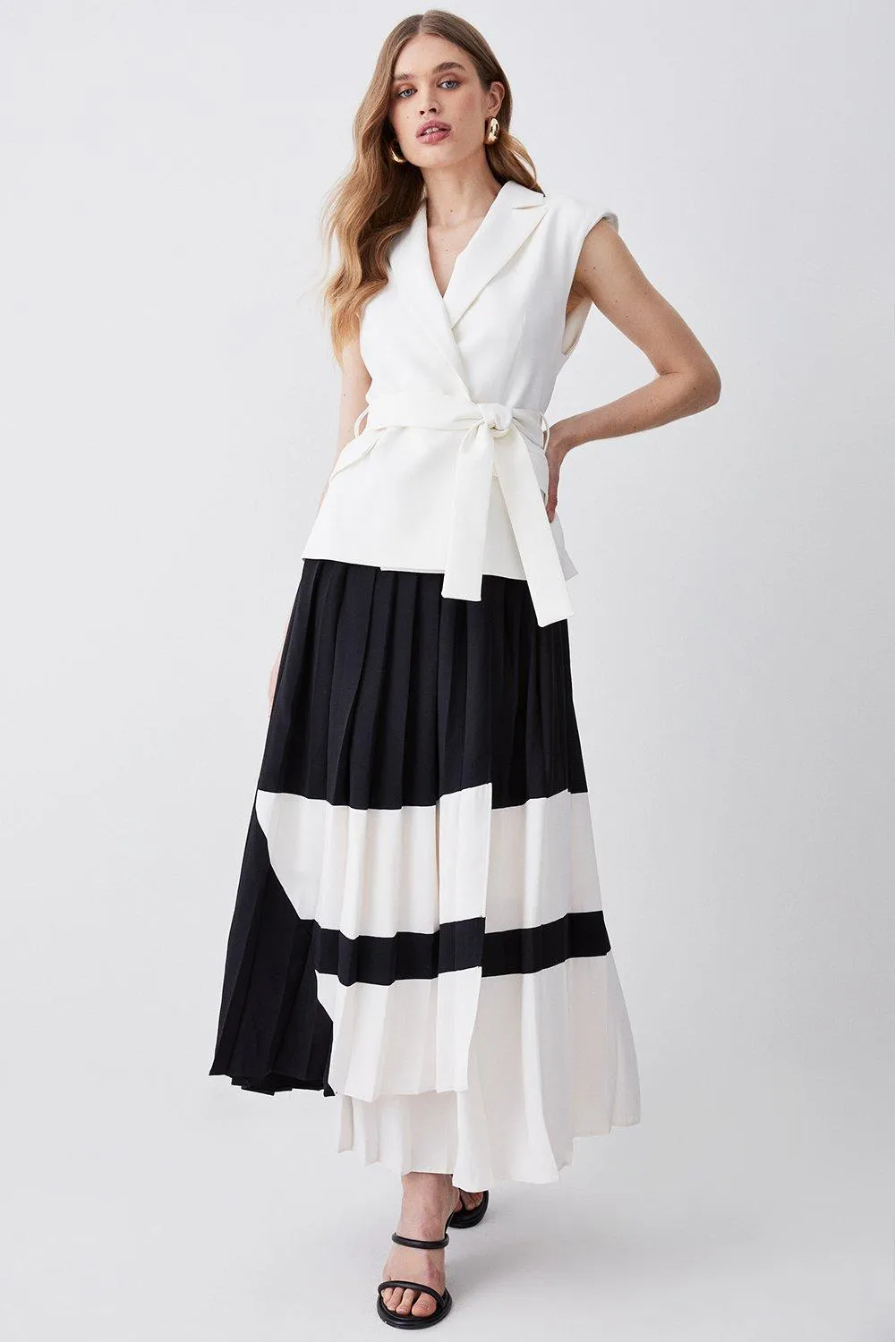 Mono Tailored And Pleat Belted Midi Dress | Karen Millen