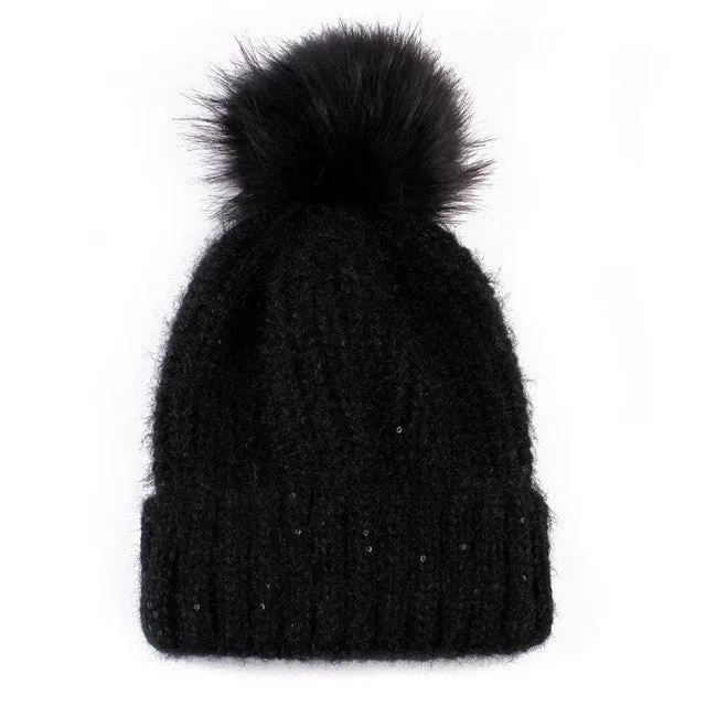 New Fashion  Hats For Women Girls Knitted Keep Warm Solid Faux Fur Pompon Hats Female Skullies & Beanies GS