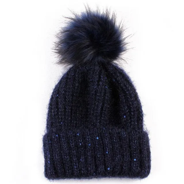 New Fashion  Hats For Women Girls Knitted Keep Warm Solid Faux Fur Pompon Hats Female Skullies & Beanies GS