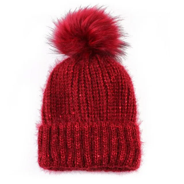 New Fashion  Hats For Women Girls Knitted Keep Warm Solid Faux Fur Pompon Hats Female Skullies & Beanies GS