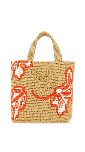 Palm Motif Raffia Tote Bag - Natural/Orange