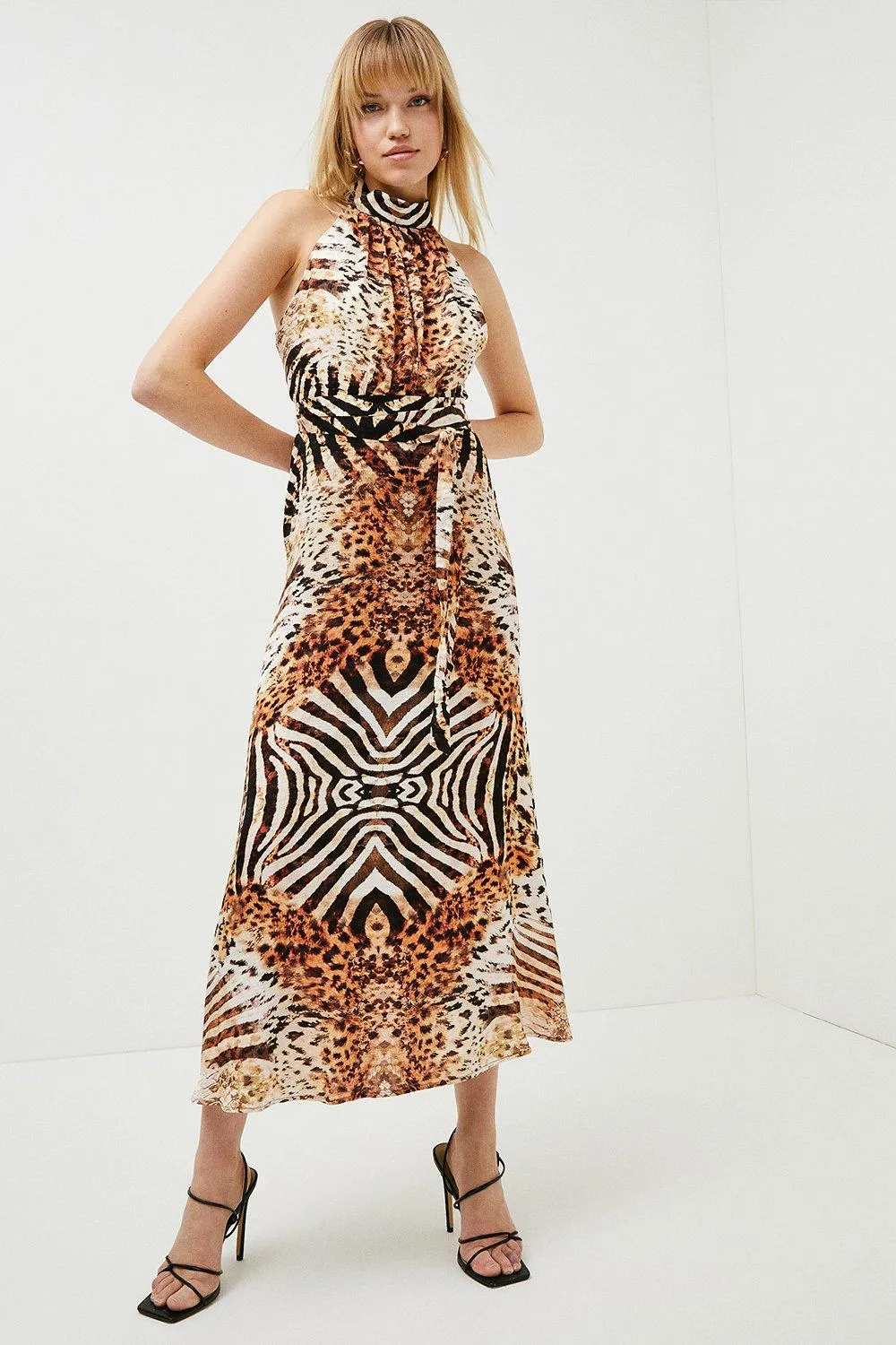 Petite Mirrored Tiger Woven Midi Halter Dress | Karen Millen