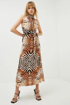 Petite Mirrored Tiger Woven Midi Halter Dress | Karen Millen