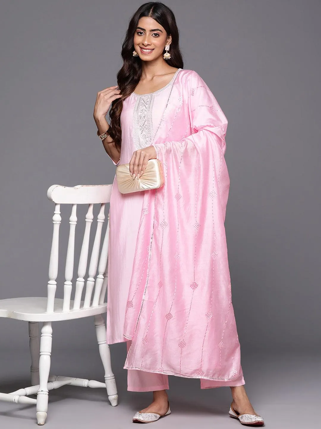 Pink Yoke Design Silk Blend Straight Suit With Dupatta