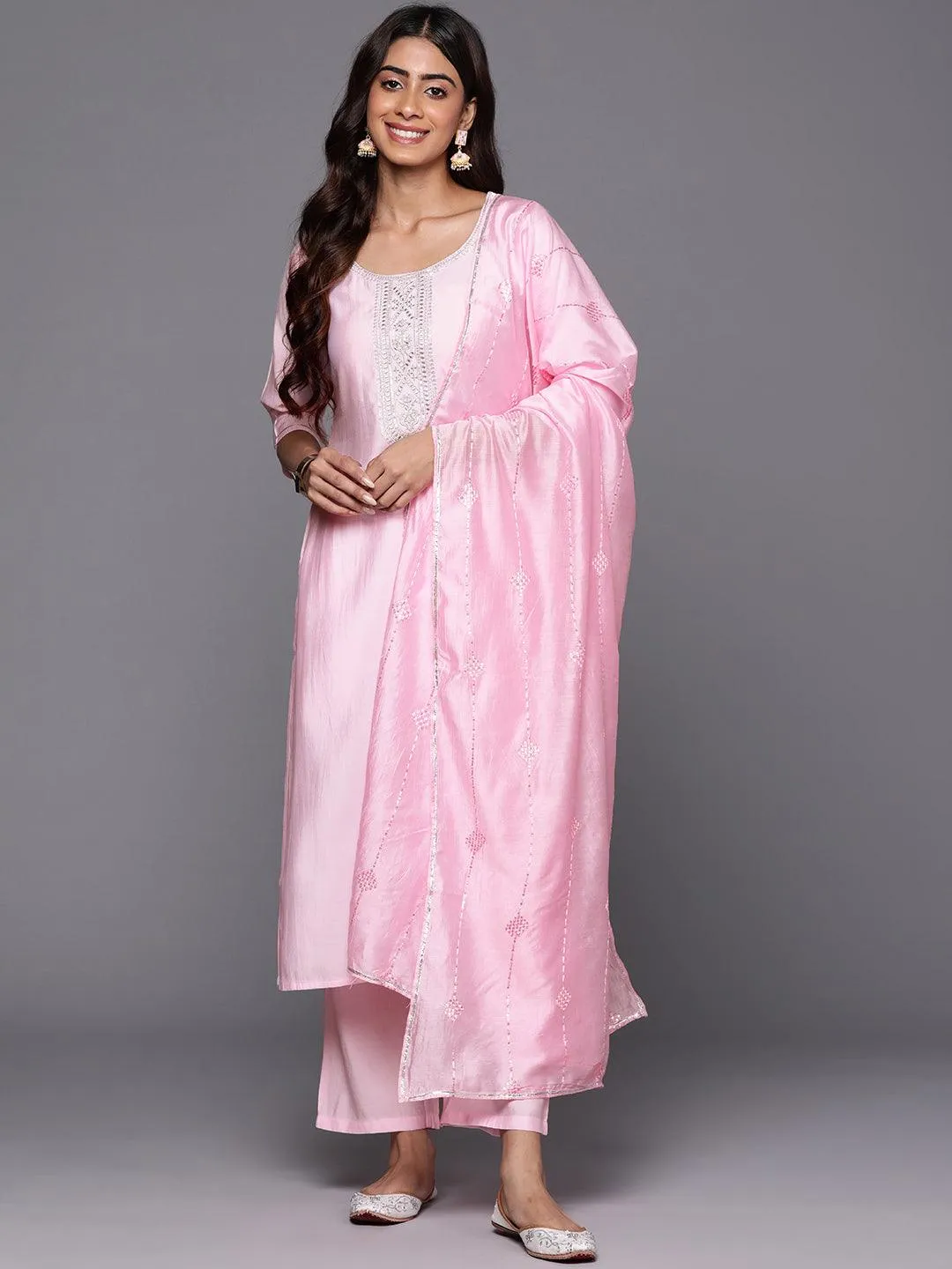 Pink Yoke Design Silk Blend Straight Suit With Dupatta