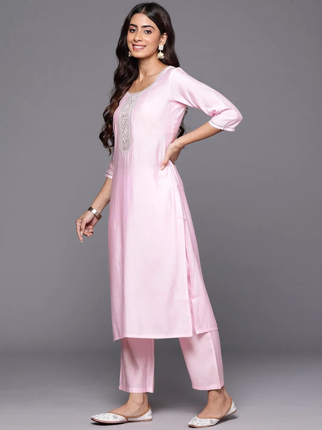 Pink Yoke Design Silk Blend Straight Suit With Dupatta